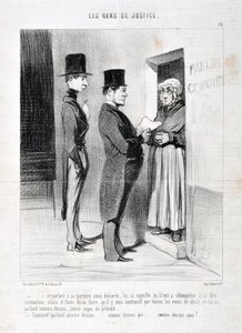 Obra de Honoré Daumier (1808-1879). Charivari data de 1845: Serie LES PEANS DE JUSTICE -... y hablando en su puerta así lo declaró, le hizo saber que tenía que obedecer la dicha citación, de lo contrario y en caso de no hacerlo se verá obligado a de Honoré Daumier