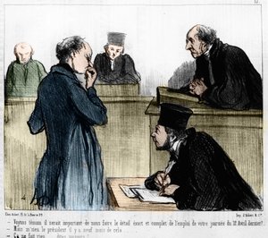 Caricatura de Daumier: Serie “Les Gens de justice” publicada en “Charivari” del 04/03/1846. Oyendo a un testigo. de Honoré Daumier