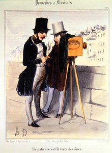 Caricatura ridiculizando el tiempo necesario para tomar una foto de daguerrotipo, c.1840