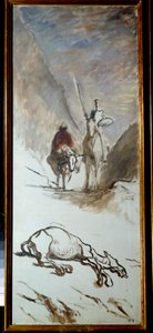 Don Quijote y la mula muerta Ilustración de la novela de Miguel Cervantes 
