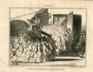 Le Charivari, Satírico en N & B, ca. 1855_5_11: Noticias n* 190. Damas de un medio mundo pero no de faldas. - Moda, Transporte, Crinolinas - Ilustración de Mujeres por Honore Daumier