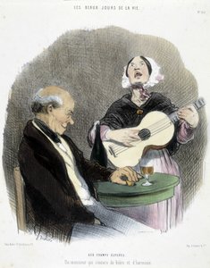 Hombre bebiendo en compañía de un cantante - en “Les Beaux Jours de la vie” por Honoré Daumier de Honoré Daumier