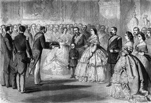 La reina Isabel II de España (Isabel de Borbón) (1830-1904) recibió el gran cordón de la Legión de Honor en nombre de su hijo, el Príncipe de Asturias. Presentes: Napoleón III (1808-1873) y el Príncipe Imperial (1856-1879).