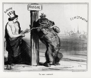 Rusia: un oso molesto (por Europa). En marzo de 1854, Francia e Inglaterra formaron una alianza con Turquía contra Rusia. Ilustración de Honoré Daumier, publicada en las noticias, “Charivari”