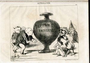 Satírico en N & B: Noticias - Presidente de la República, Sufragio Universal - Thiers Adolphe, Montalembert Charles de (1810-1870), Louis Matthieu Mole (1781-1855), Dupin Andre-Marie, dit Dupin aine (1783-1865) - Ilustración de Honoré Daumier (1808-1879) de Honoré Daumier