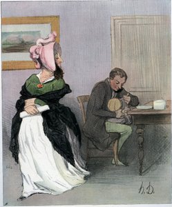 Serie "Les bas bleu", que pone en solfa a las autoras que retrasan la vida familiar y las tareas domésticas en beneficio de su trabajo intelectual y se establecen en un entorno exclusivamente masculino: una joven emancipada, que deja al niño de Honoré Daumier