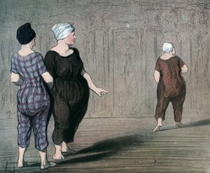 Serie "Les batheuses" dos mujeres en traje de baño examinan el corte de otra, caricatura de Honore Daumier (1808-1879) 1844 (Las bañistas: dos señoras en traje de baño, miran de arriba abajo la cintura de otra) Colección particular de Honoré Daumier