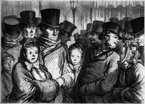 Boulevard del Templo a medianoche. A la izquierda, gente saliendo del drama. A la derecha, gente saliendo de los funámbulos. Caricatura de Honoré Daumier (1808-1879). Grabado en “Le Monde Illustré” n°254 del 22 de febrero