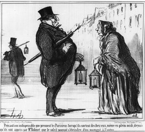 Esto es imprescindible que los parisinos tomen cuando salen de sus casas, incluso en pleno mediodía, desde que aprendieron por Monsieur Babinet que el sol podría desvanecerse de un momento a otro. Caricatura sobre el Cometa y la astronomía de Honoré Daumie de Honoré Daumier