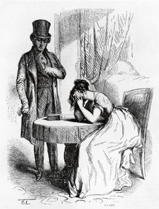 Mujer desesperada bajo la mirada de un hombre, ilustración de Ferragus de Honore de Balzac (1799-1850), edición francesa.