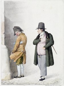 Hombre orinando contra una pared y otro transeúnte - litografía de Brunet de Horace Antoine Brunet
