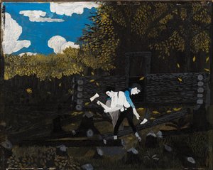 Abraham Lincoln y su padre construyendo su cabaña en Pigeon Creek de Horace Pippin