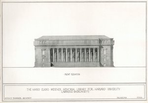Elevación frontal, la Biblioteca Memorial Harry Elkins Widener para la Universidad de Harvard, Cambridge, Massachusetts