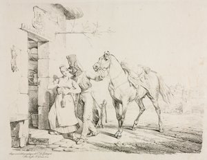 Un húsar abrazando a un sirviente de Emile Jean Horace Vernet