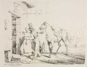 Un húsar abrazando a un sirviente de Emile Jean Horace Vernet