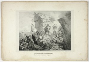 Armado con un hierro ensangrentado, cubierto con un escudo... de Horace Vernet