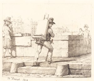 Artista llevando un caballete con una piedra litográfica de Emile Jean Horace Vernet