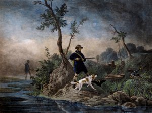 Caza de patos en la marisma, grabado basado en un cuadro de Horace Vernet (1789-1863) de Emile Jean Horace Vernet