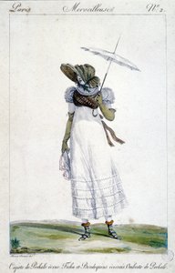 Grabado de moda por Horace Vernet (1789 - 1863), realizado alrededor de 1810 para “A Wonderful”, que representa a una mujer con un dosel ecru, un bordado sangriento, tartán y un paraguas de Emile Jean Horace Vernet