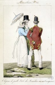 Grabado de moda por Horace Vernet (1789 - 1863) realizado alrededor de 1810 para el número 25 de un "Maravilloso", representando la moda femenina (sombrero de paja y vestido de gasa) y masculina.