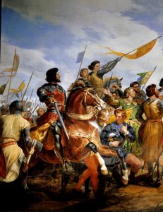Guerra franco-inglesa (1202-1214): "la Batalla de Bouvines el 27/07/1214, Felipe Augusto pone en juego la corona de Francia". Se opuso el ejército francés de Felipe Augusto contra los flamencos y güelfos de Otón IV. La victoria francesa fue decisiva en la