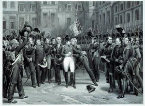 La despedida de Napoleón Bonaparte a la guardia imperial en Fontainebleau de Emile Jean Horace Vernet