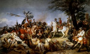 Guerra de Sucesión de Austria (1740-1748): La Batalla de Fontenoy 11/05/1745; el Mariscal de Sajonia presenta a Luis XV los prisioneros y las banderas inglesas