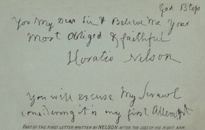 Parte de la primera carta escrita por Nelson después de la pérdida de su brazo derecho