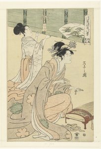Lluvia y viento de la tarde en los pinos. Matsukaze yau (título sobre objeto) Ocho caras flotantes del mundo de la historia de Genji. (título de la serie) Ukiyo Genji hakkei (título de la serie sobre el objeto)