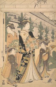 Dos Oiran con dos asistentes femeninas en Yoshiwara