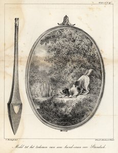 Modelo de diseño para una pantalla manual bordada que muestra un perro en la orilla de un río de Houtman Van