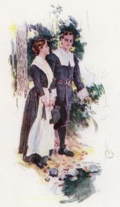Ilustración de El cortejo de Miles Standish de Henry Wadsworth Longfellow (litografía en color) de Howard Chandler (after) Christy
