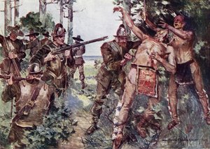 Ilustración de El cortejo de Miles Standish de Henry Wadsworth Longfellow (litografía en color) de Howard Chandler (after) Christy