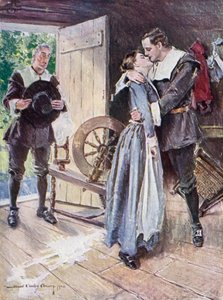 Ilustración de El cortejo de Miles Standish de Henry Wadsworth Longfellow (litografía en color)