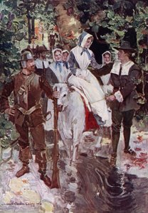 Ilustración de El cortejo de Miles Standish de Henry Wadsworth Longfellow (litografía en color) de Howard Chandler (after) Christy