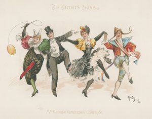 Un grupo de dos hombres y dos mujeres, todos disfrazados, bailando (litografía en color) de Howard Davie