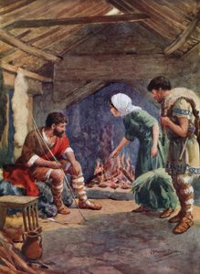 Alfredo el Grande en la cabaña de Neat-Herd (litografía en color) de Howard Davie