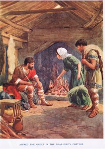 Alfredo el Grande en la cabaña de Neat-Herd, ilustración de "Madame Tussauds" (litografía en color) de Howard Davie