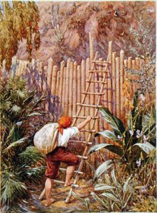 Crusoe y su fortaleza, ilustración para "Robinson Crusoe" de Daniel Defoe (1660-1731) (litografía en color)
