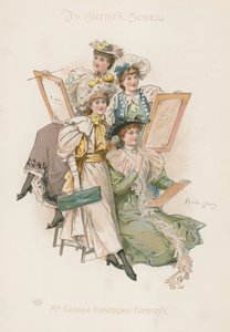 Grupo de cuatro mujeres bien vestidas sosteniendo tableros de dibujo (litografía en color) de Howard Davie