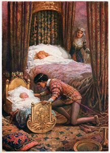 Se inclinó para besar al pequeño", de Cuentos italianos, de Lilia E. Romano, publicado por Raphael Tuck & Sons (litografía en color) de Howard Davie