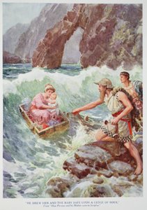 "La llevó a ella y al bebé a salvo a un saliente de la roca" (litografía en color) de Howard Davie