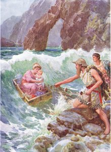 "La llevó a ella y al bebé a salvo a un saliente de la roca", ilustración de "Cómo llegaron Perseo y su madre a Serifos", de Los héroes de los cuentos de hadas griegos, de Charles Kingsley (1819-75) (litografía en color) de Howard Davie