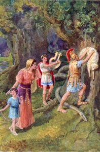 "Jasón arrancó el vellón del tronco del árbol" (litografía en color) de Howard Davie