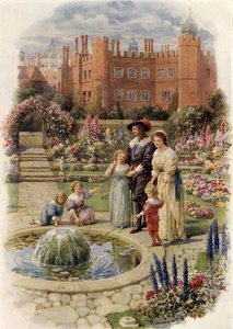 El rey Carlos I y la reina Enriqueta en Hampton Court (litografía en color) de Howard Davie
