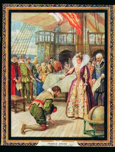 La reina Isabel I (1530-1603) arma a Francis Drake (1540-96), ilustración de "Héroes de la Historia" (litografía en color)
