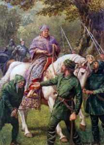 "Robin Hood se encuentra con el obispo de Hereford" (litografía en color) de Howard Davie