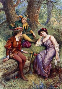 Rosalind, Celia y Touchstone (litografía en color) de Howard Davie