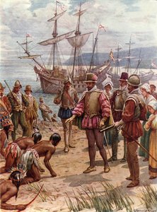 Sir Walter Raleigh desembarcando en Virginia (litografía en color) de Howard Davie