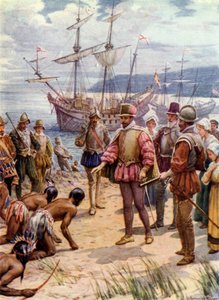 Sir Walter Raleigh, desembarco en Virginia (litografía en color) de Howard Davie